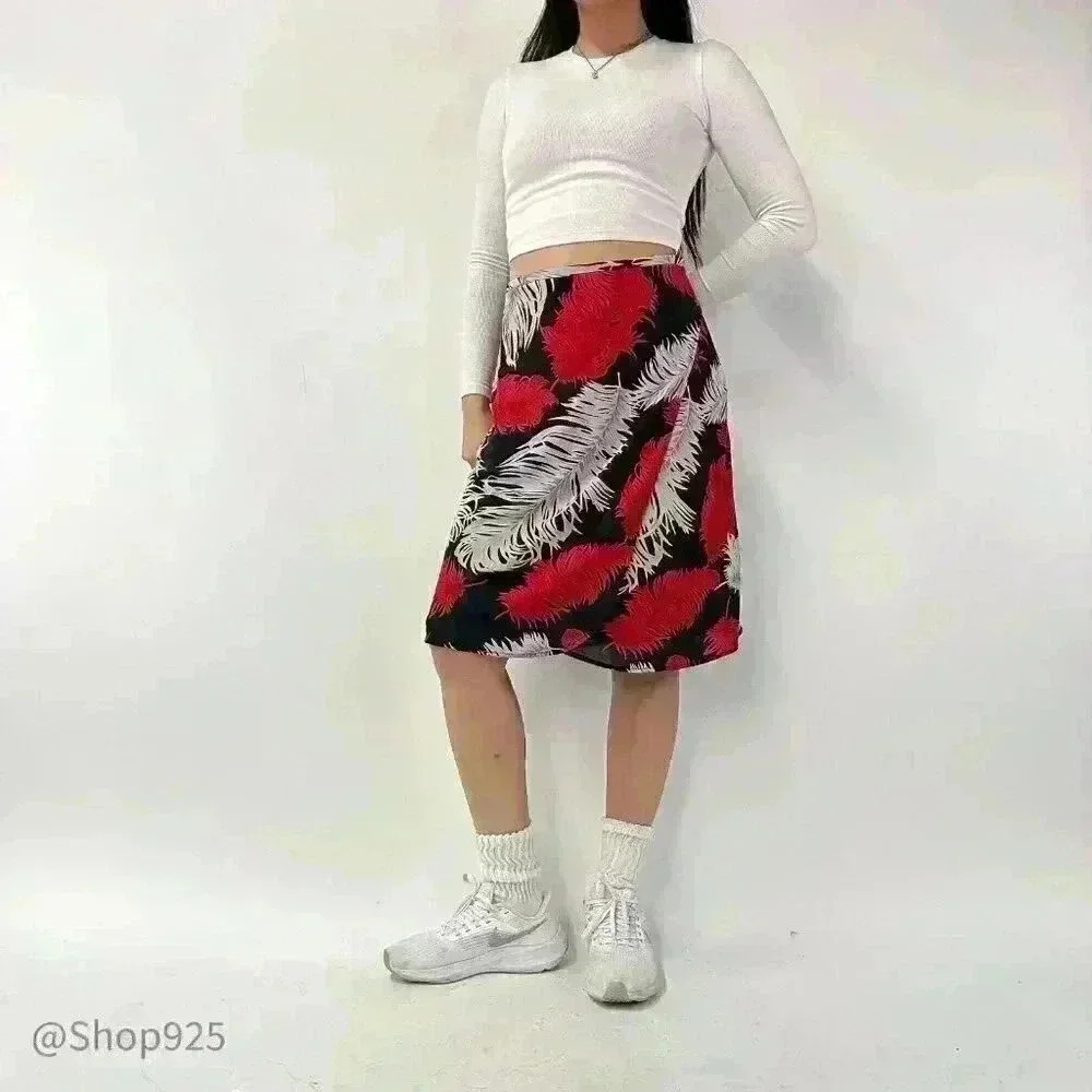 Feather  Printed Flap Midi Skirt